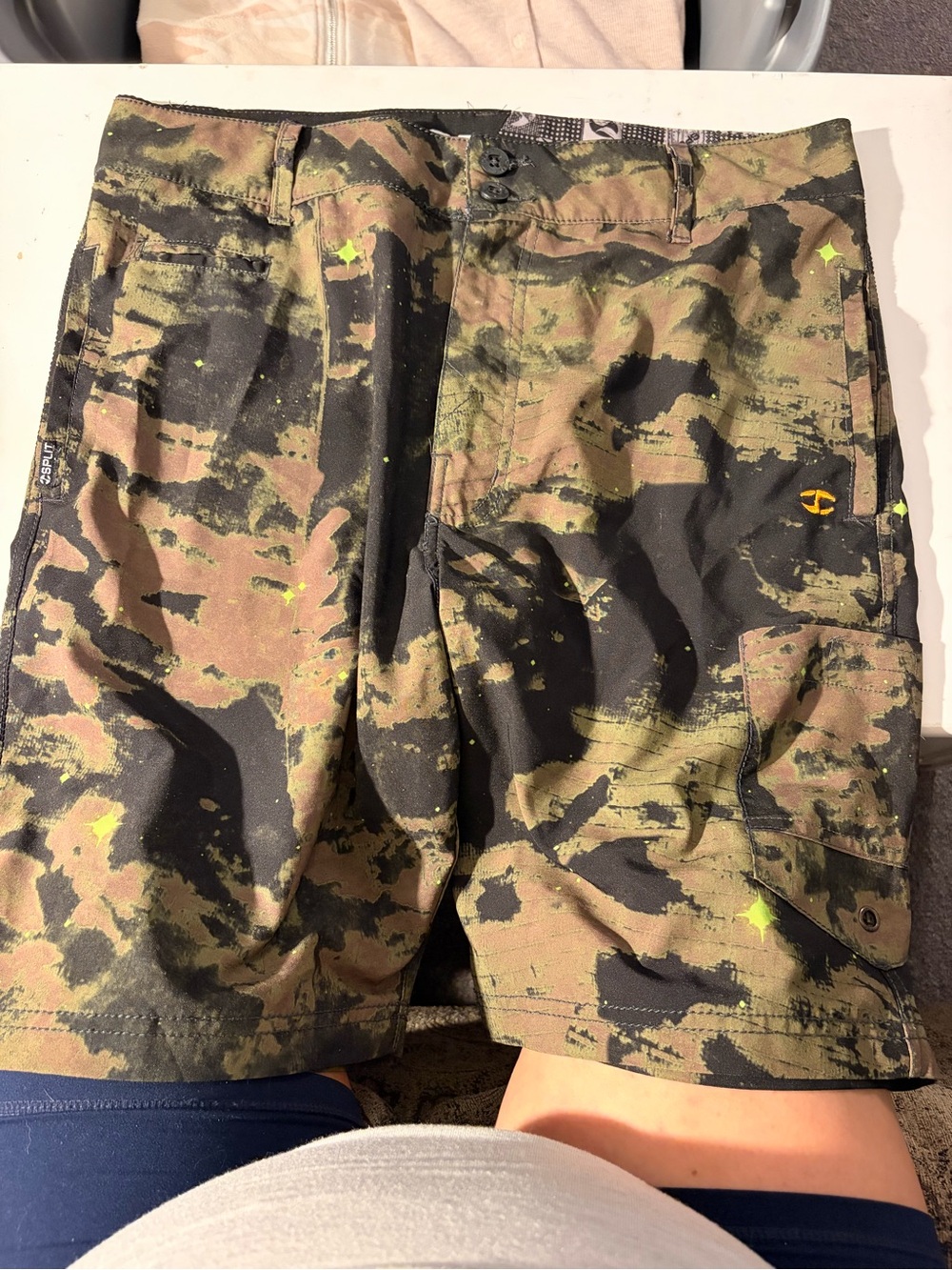 split Men's Camo Swim Trunks in Black, Brown & Olive with Neon Yellow Accents